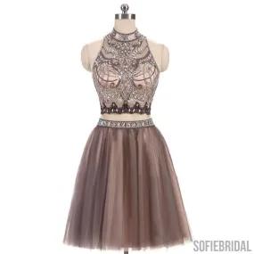 2 Pieces High Neck Rhinestone Beaded Tulle Homecoming Dresses, Short Prom Dresses, SF0090