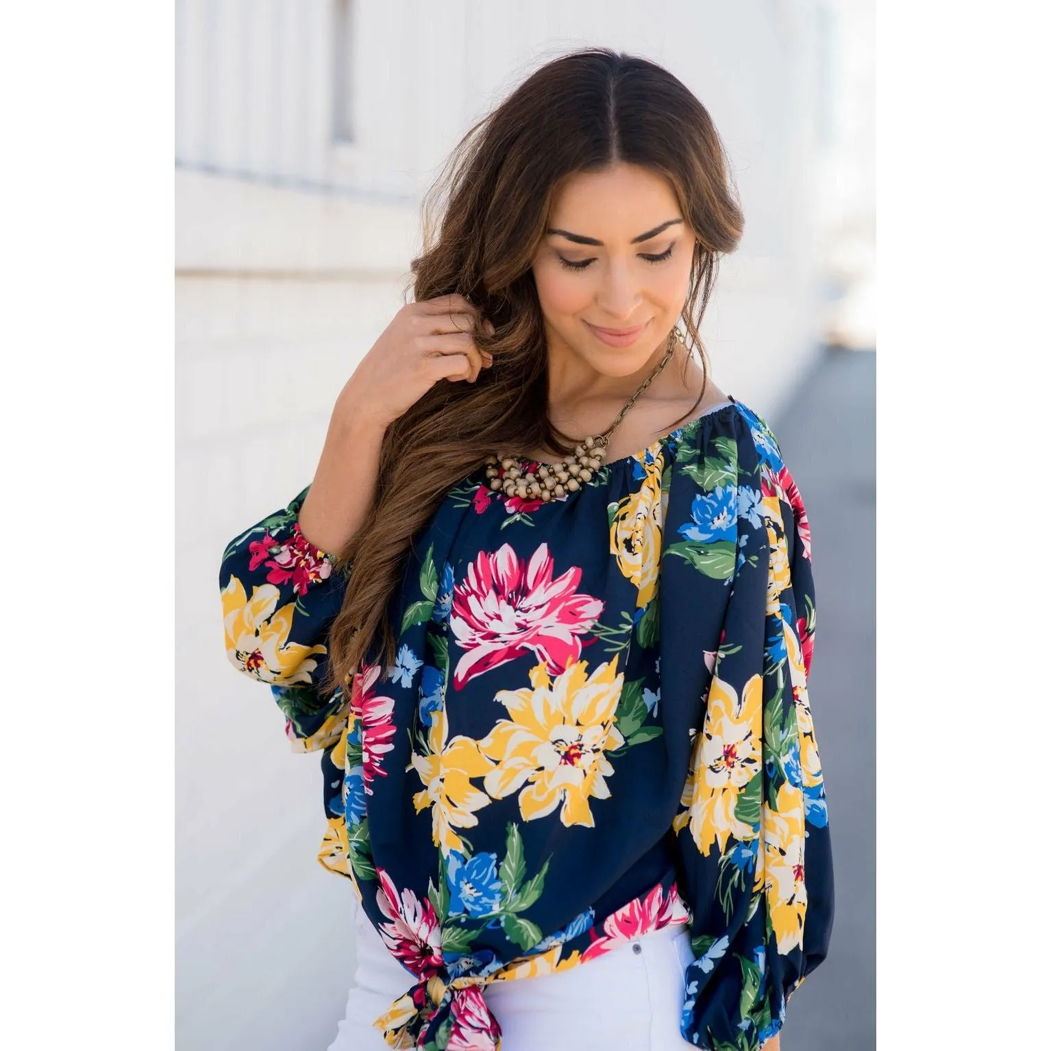 3/4 Cinched Sleeve Floral Bottom Tie Blouse