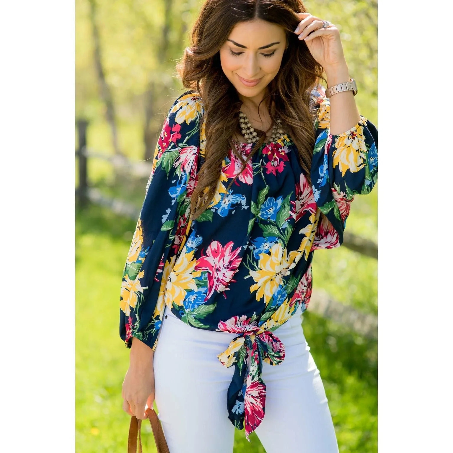 3/4 Cinched Sleeve Floral Bottom Tie Blouse
