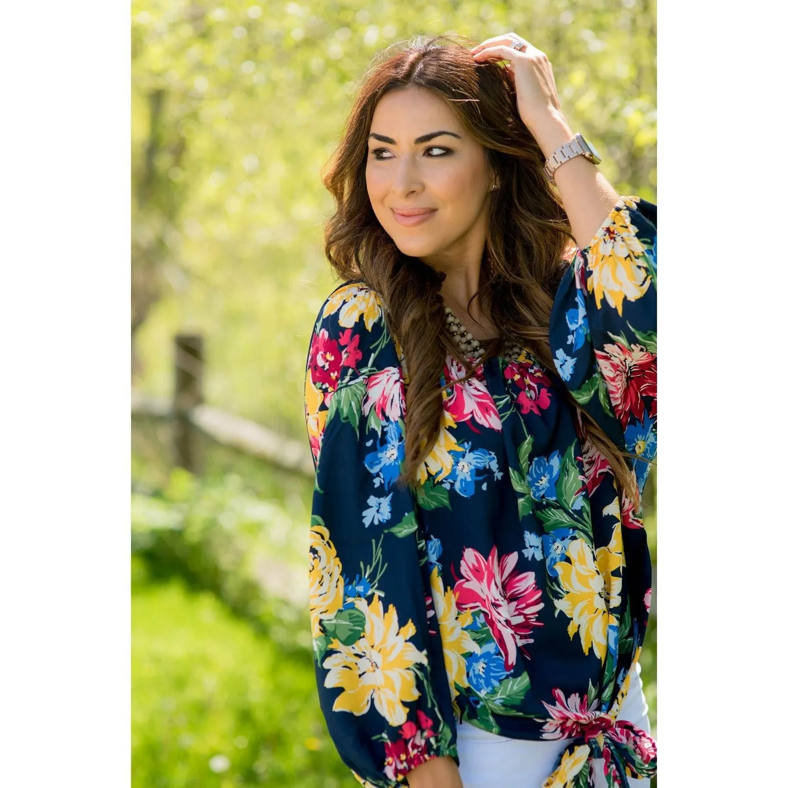 3/4 Cinched Sleeve Floral Bottom Tie Blouse