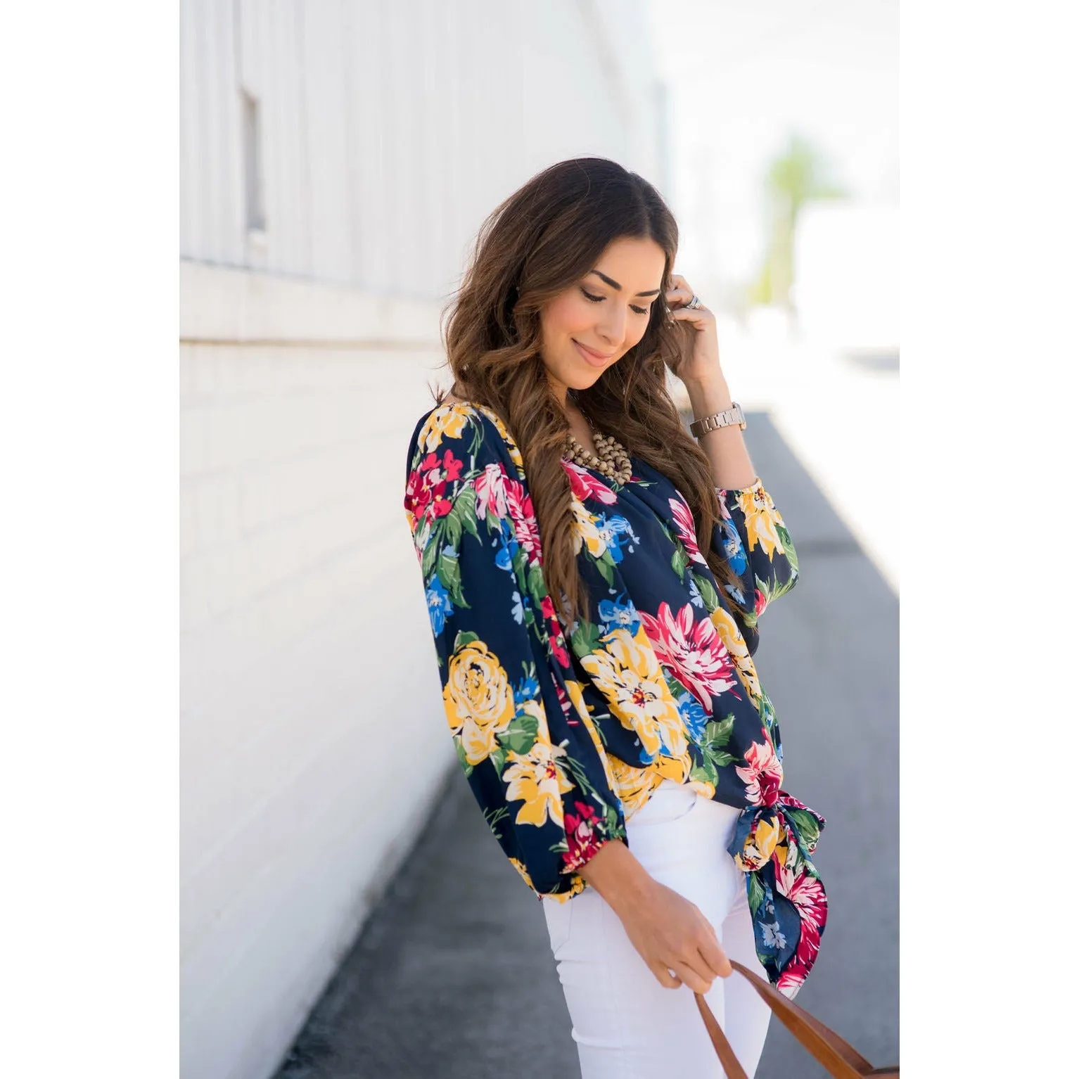 3/4 Cinched Sleeve Floral Bottom Tie Blouse