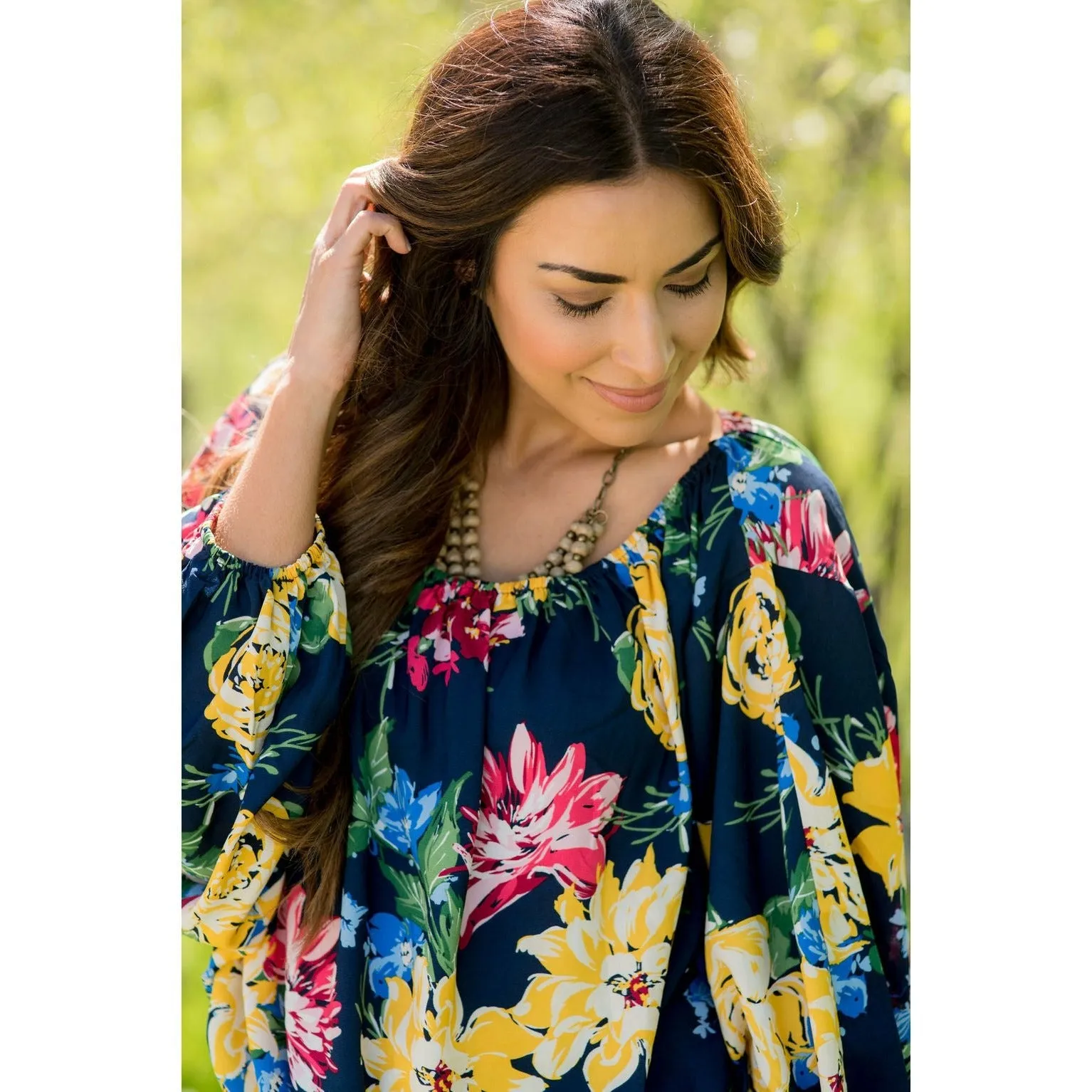 3/4 Cinched Sleeve Floral Bottom Tie Blouse