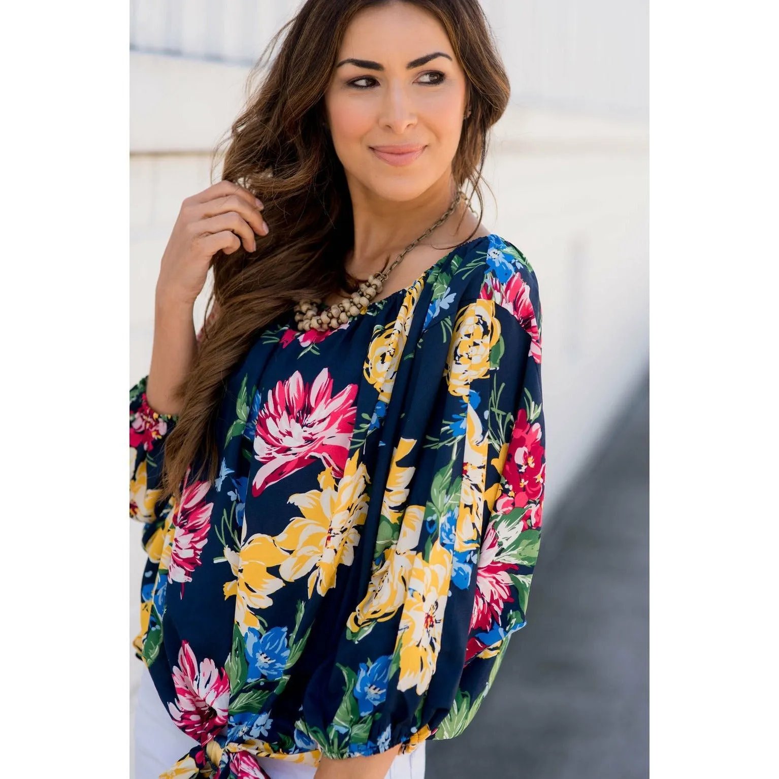 3/4 Cinched Sleeve Floral Bottom Tie Blouse