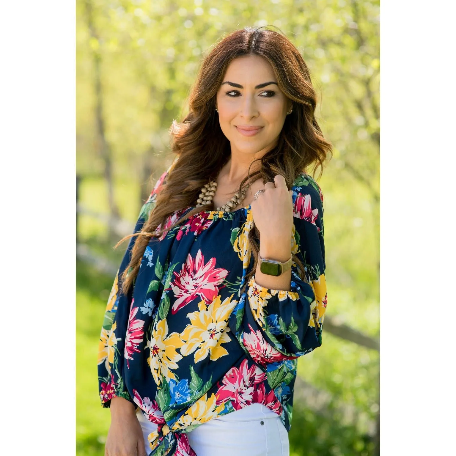 3/4 Cinched Sleeve Floral Bottom Tie Blouse