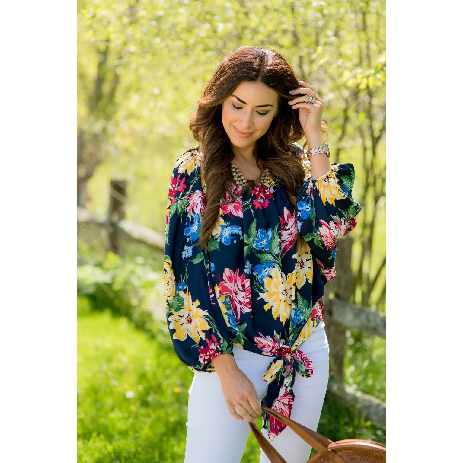 3/4 Cinched Sleeve Floral Bottom Tie Blouse
