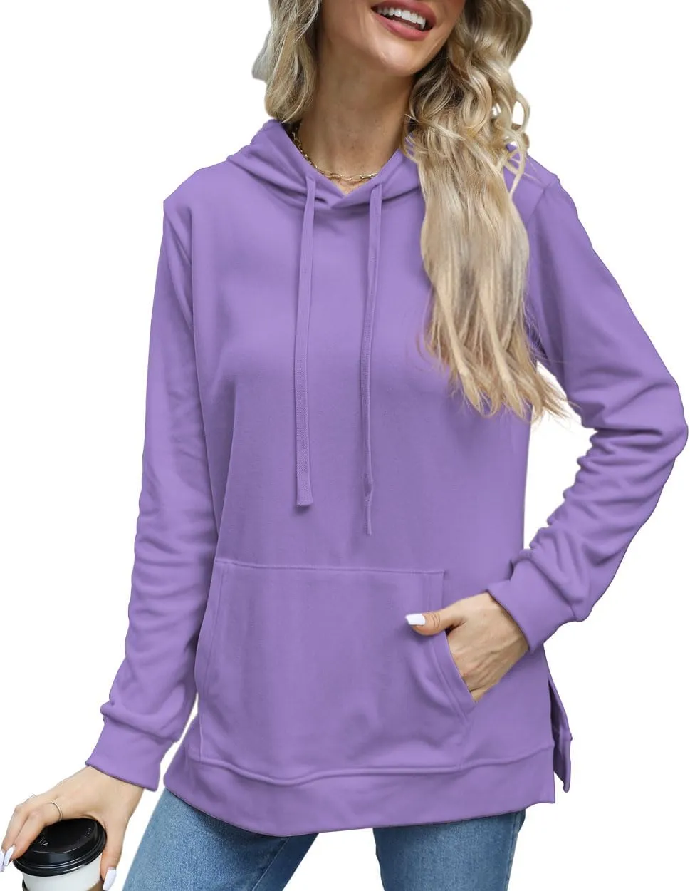 Beimuc Hoodies for Women Fashion Split Hem Drawstring Casual Long Sleeve Sweatshirts Tops with Pockets