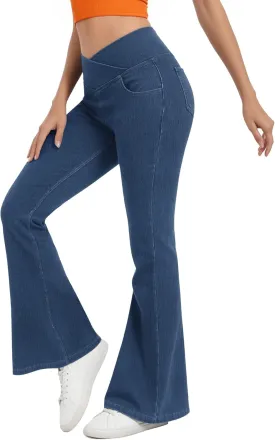 Bell Bottom Jeans for Women High Waisted Stretchy Flare Jeans with Pockets Trendy Crossover Pull On Flare Jeggings