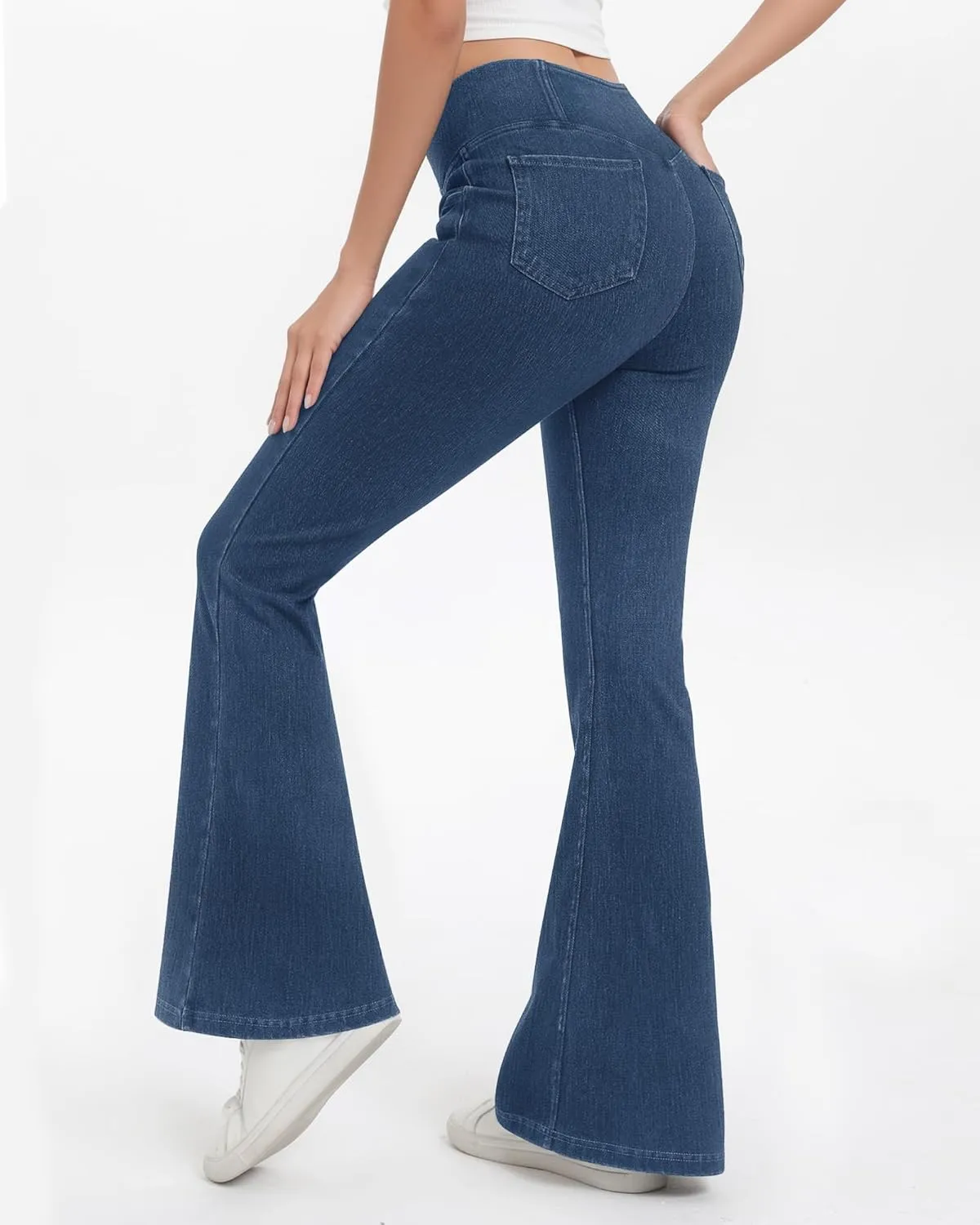 Bell Bottom Jeans for Women High Waisted Stretchy Flare Jeans with Pockets Trendy Crossover Pull On Flare Jeggings