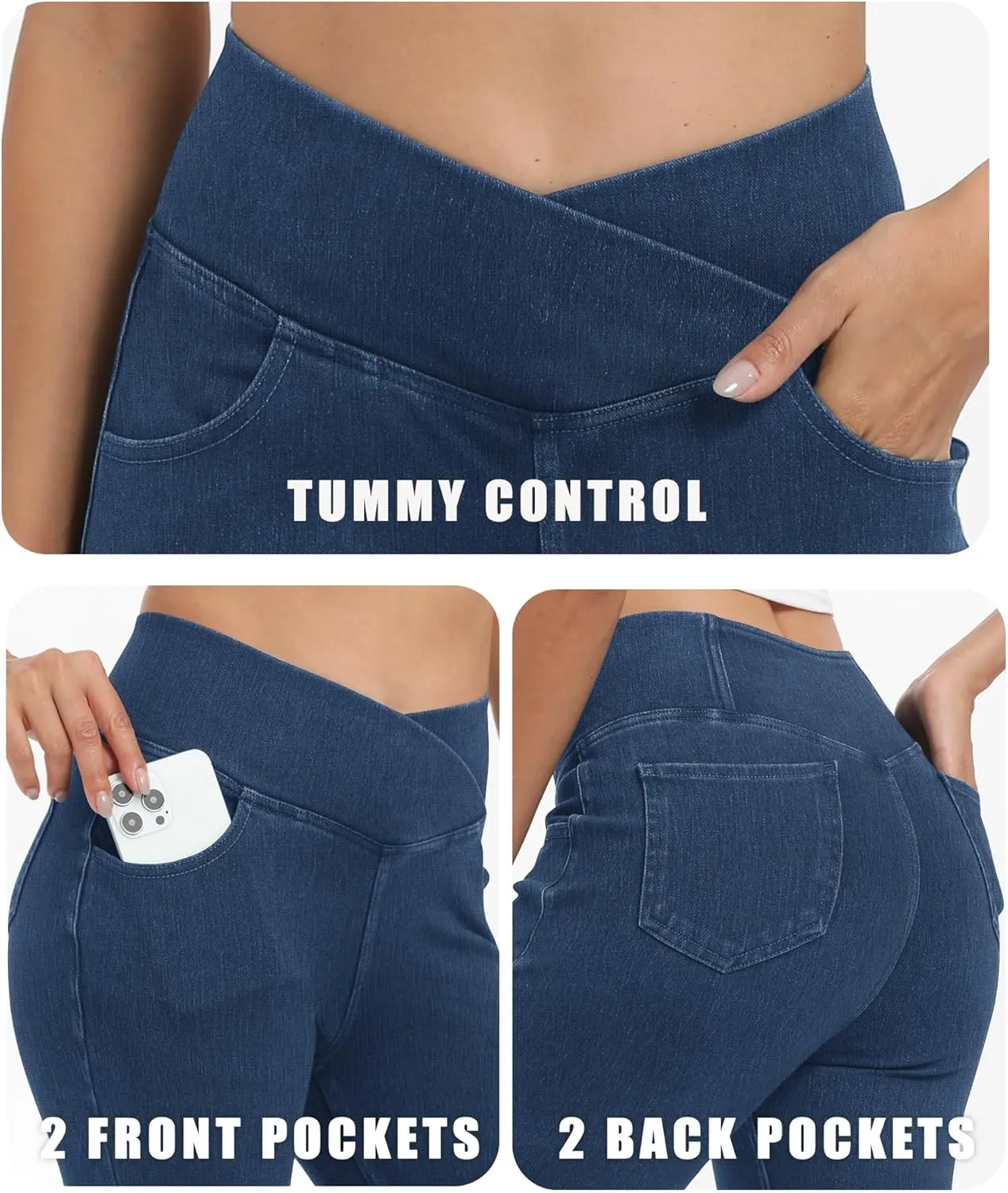 Bell Bottom Jeans for Women High Waisted Stretchy Flare Jeans with Pockets Trendy Crossover Pull On Flare Jeggings