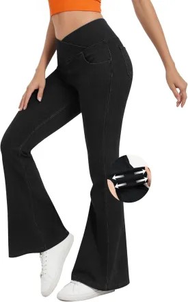 Bell Bottom Jeans for Women High Waisted Stretchy Flare Jeans with Pockets Trendy Crossover Pull On Flare Jeggings