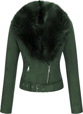 Bellivera Women Faux Leather Suede Jacket Moto Biker Coat Sherpa-Lined Overcoat with Removable Belt