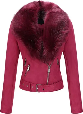 Bellivera Women Faux Leather Suede Jacket Moto Biker Coat Sherpa-Lined Overcoat with Removable Belt