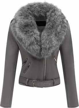 Bellivera Women Faux Leather Suede Jacket Moto Biker Coat Sherpa-Lined Overcoat with Removable Belt