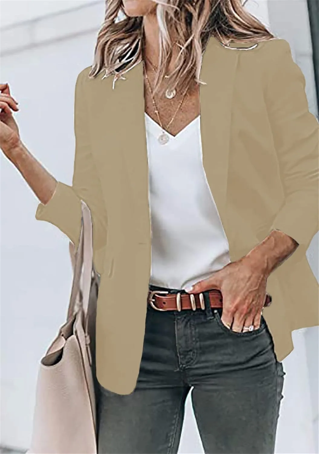 BOFETA Women's Long Sleeve Blazer One Button Solid Color Pocket Jacket Blazer Notched Collar Coat