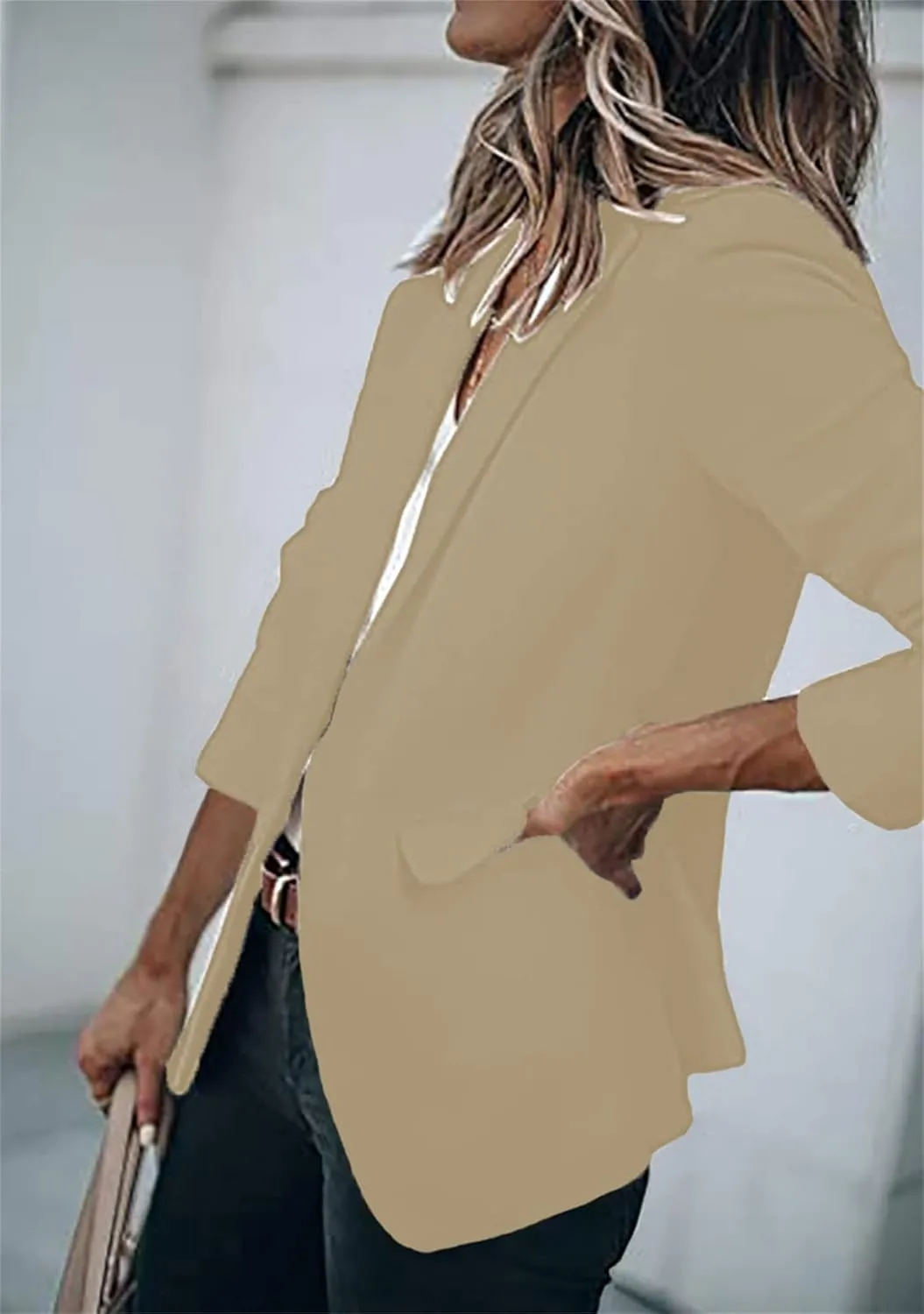 BOFETA Women's Long Sleeve Blazer One Button Solid Color Pocket Jacket Blazer Notched Collar Coat