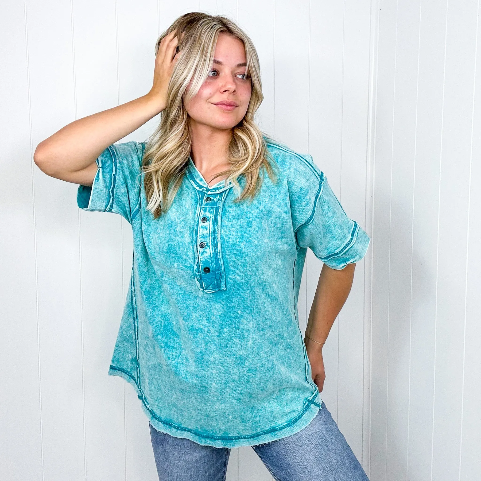 Bright Detailed Button Closure Scoop Neckline Short Sleeve Top in 7 Colors
