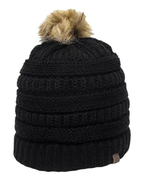 Cable Faux Fur Pom Beanie