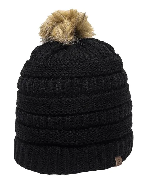 Cable Faux Fur Pom Beanie