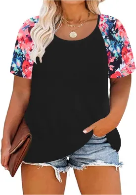 CARCOS Plus Size Tops for Women Short Sleeve Raglan Striped Tee Color Block Crewneck/V Neck Tunic Loose Fit Summer XL-5XL