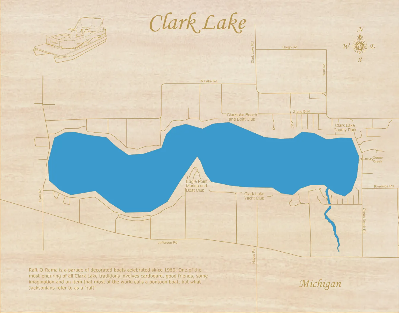Clark Lake, Michigan - Laser Cut Wood Map