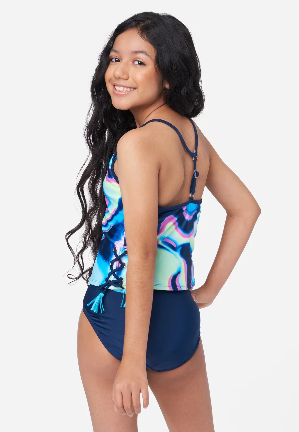 Color Block Lace-Up Tankini Swim Set