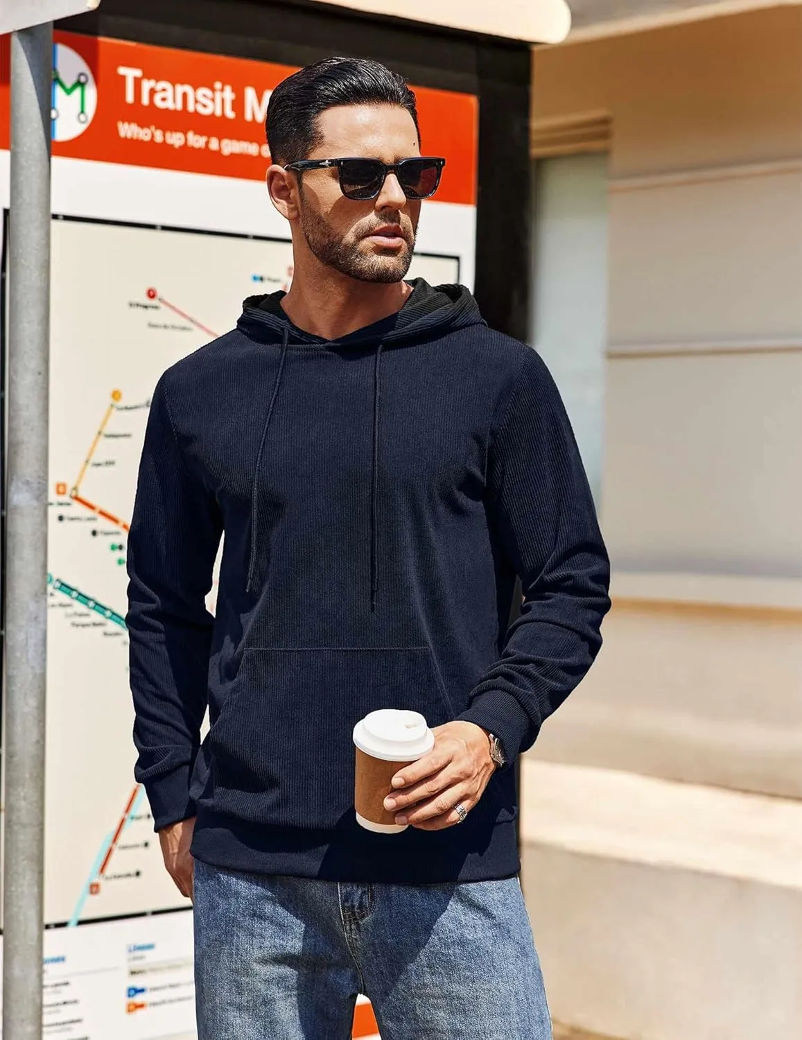 COOFANDY Mens Hooded Sweatshirt Long Sleeve Casual Corduroy Drawstring Pullover Hoodies with Pocket