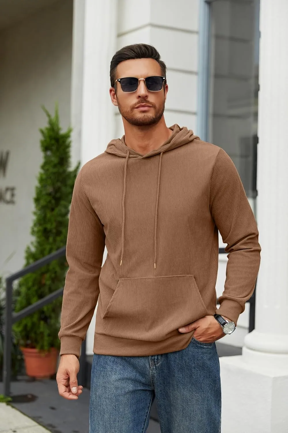 COOFANDY Mens Hooded Sweatshirt Long Sleeve Casual Corduroy Drawstring Pullover Hoodies with Pocket