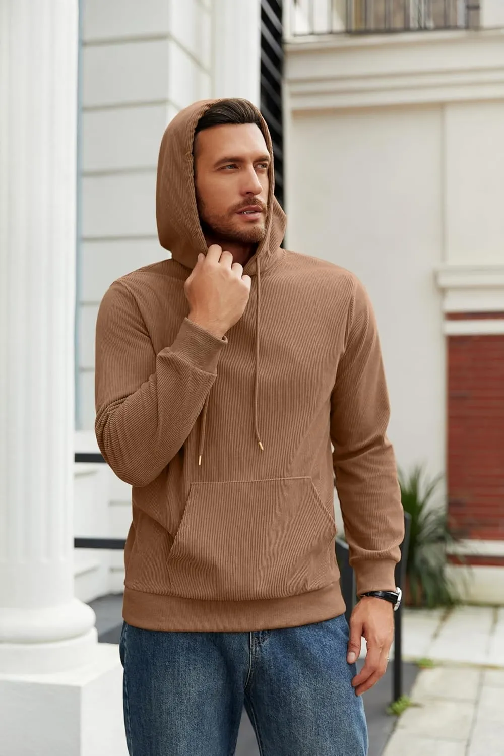 COOFANDY Mens Hooded Sweatshirt Long Sleeve Casual Corduroy Drawstring Pullover Hoodies with Pocket