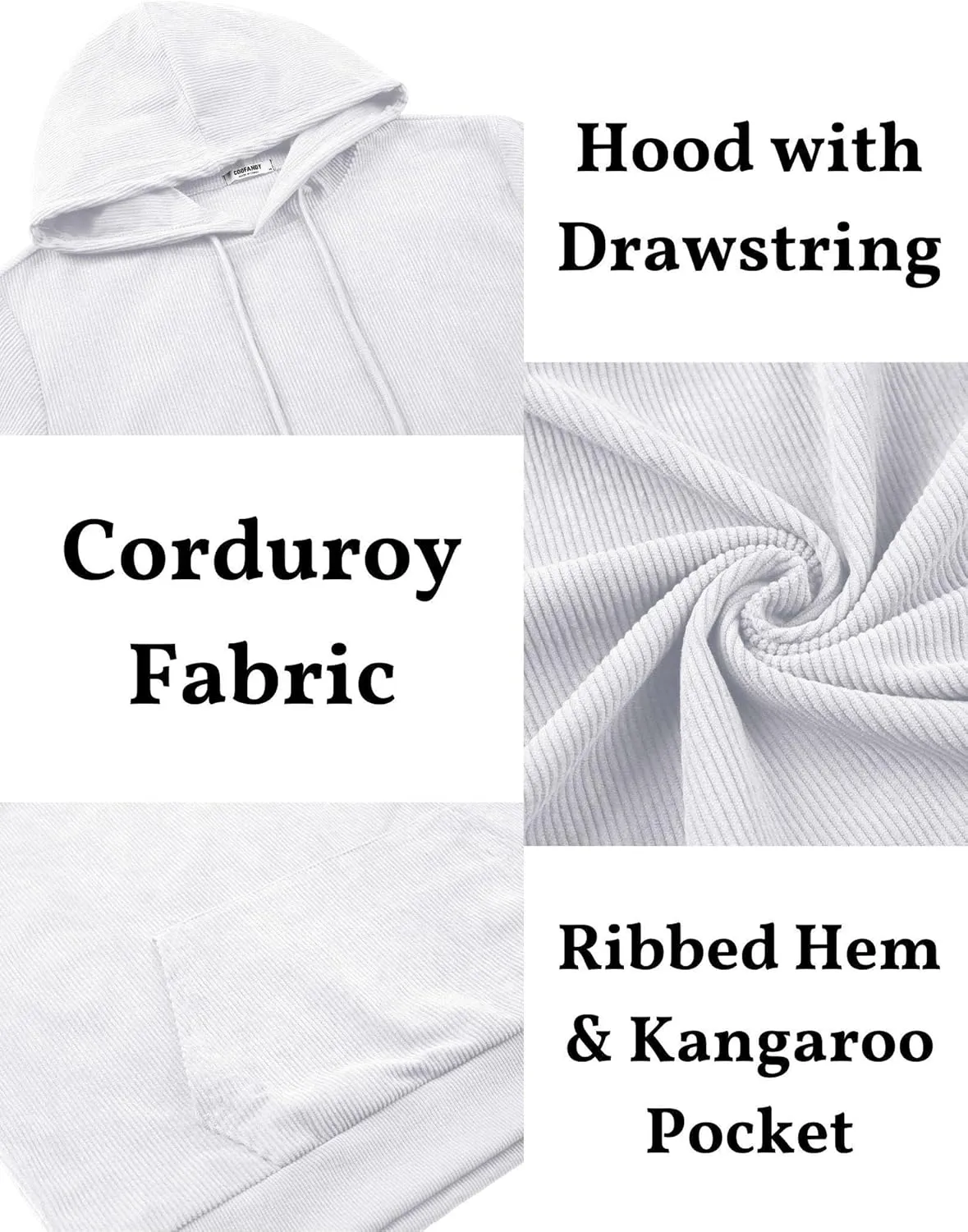 COOFANDY Mens Hooded Sweatshirt Long Sleeve Casual Corduroy Drawstring Pullover Hoodies with Pocket