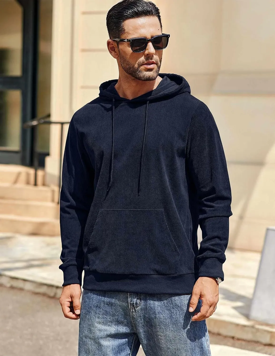 COOFANDY Mens Hooded Sweatshirt Long Sleeve Casual Corduroy Drawstring Pullover Hoodies with Pocket