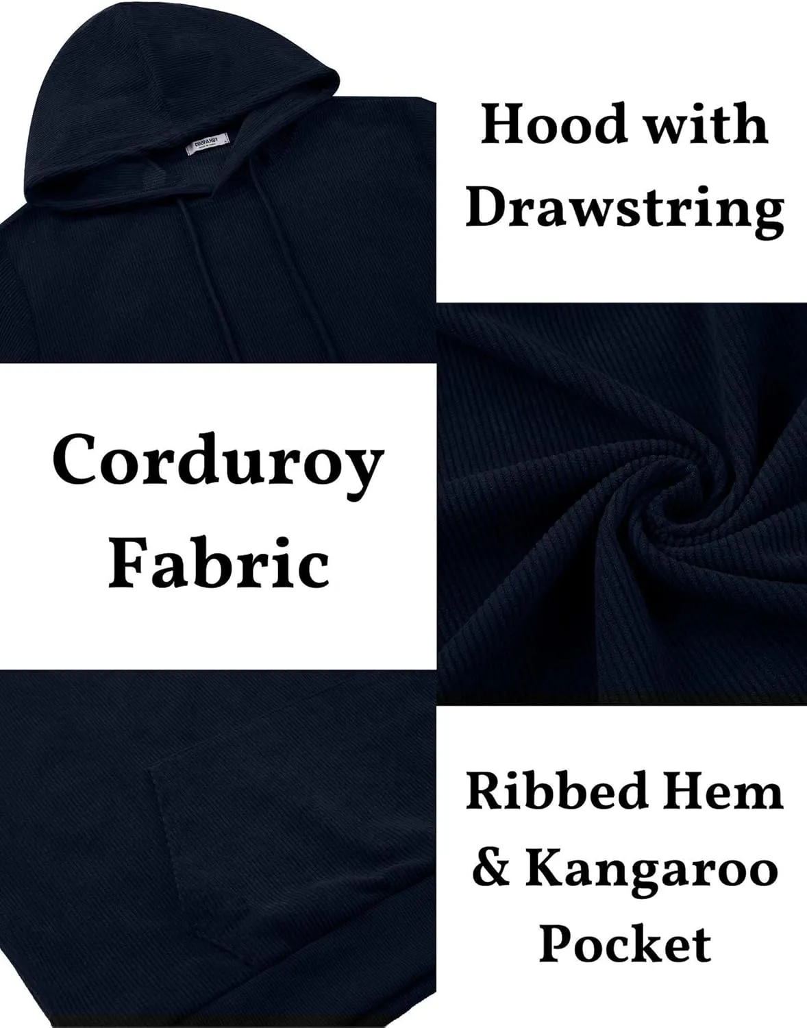 COOFANDY Mens Hooded Sweatshirt Long Sleeve Casual Corduroy Drawstring Pullover Hoodies with Pocket