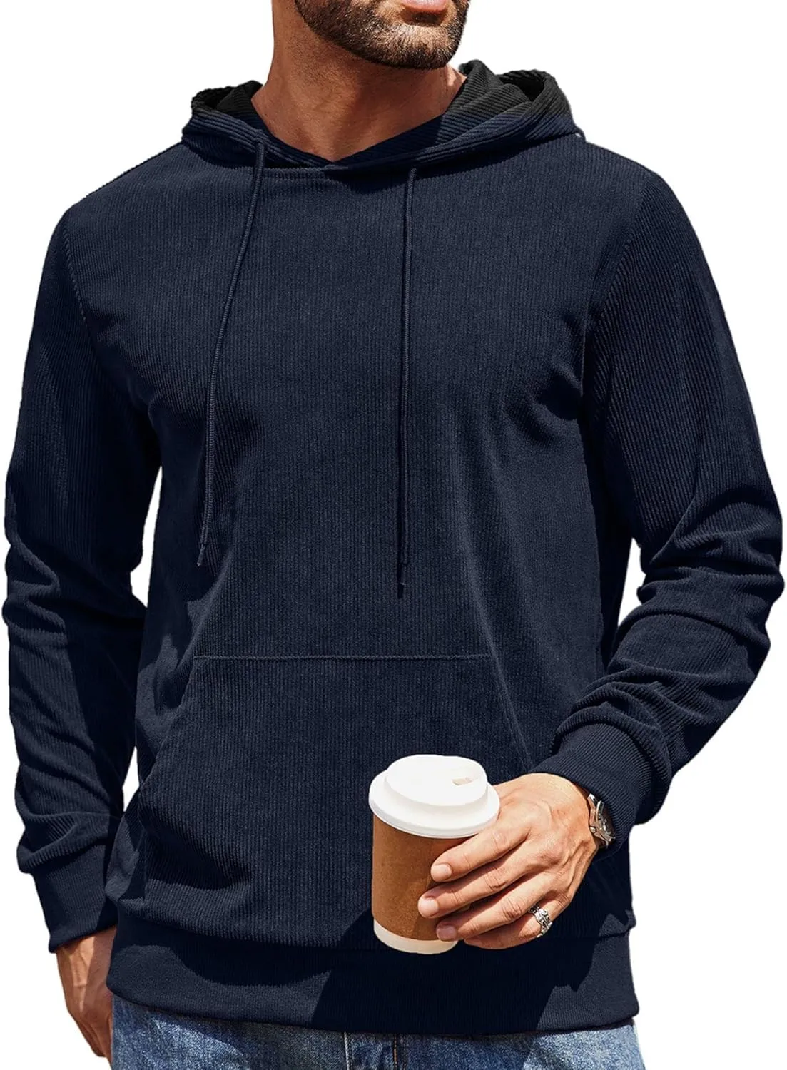COOFANDY Mens Hooded Sweatshirt Long Sleeve Casual Corduroy Drawstring Pullover Hoodies with Pocket