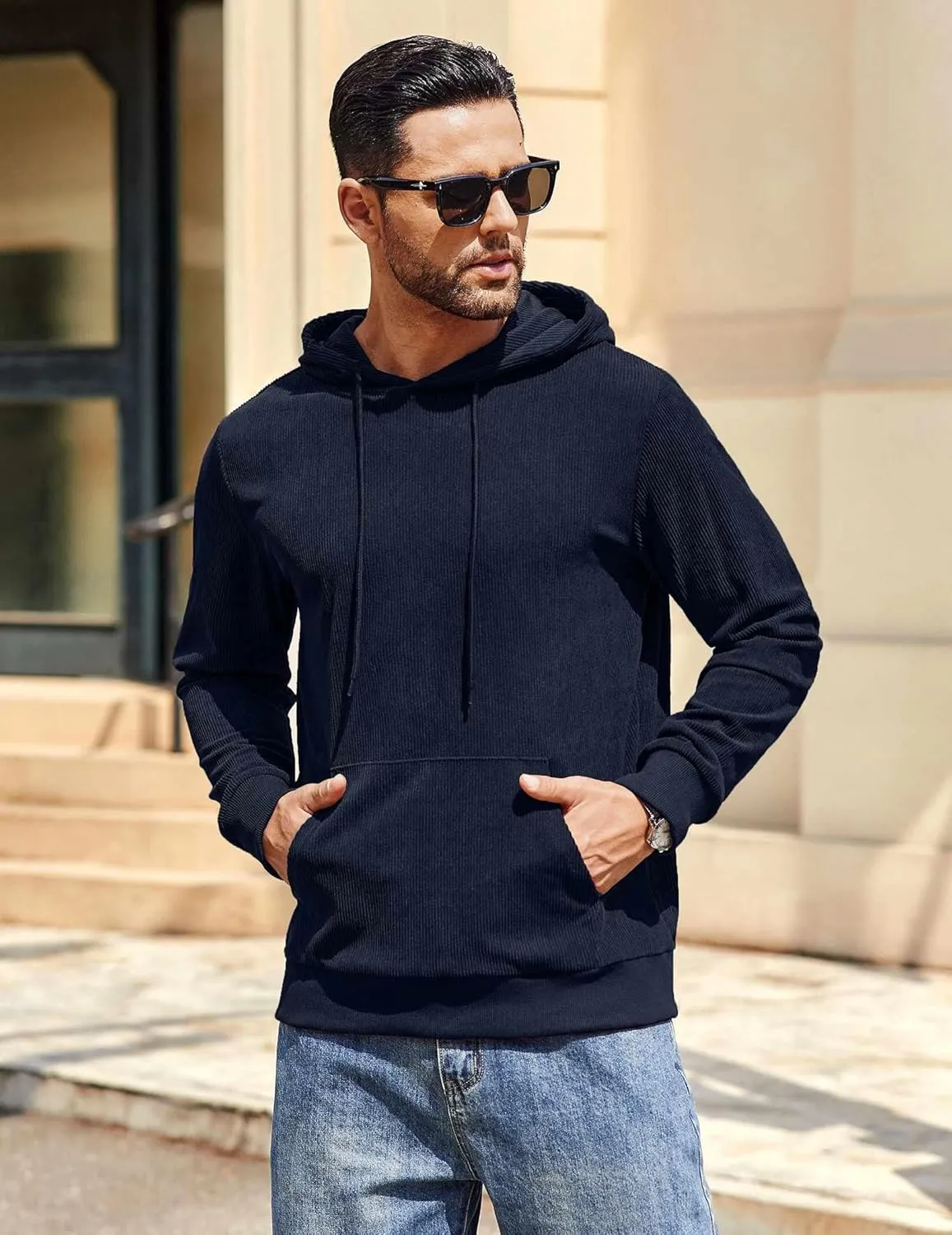 COOFANDY Mens Hooded Sweatshirt Long Sleeve Casual Corduroy Drawstring Pullover Hoodies with Pocket