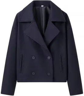 Cropped Trench Coat for Women Long Sleeve Double Breasted Notched Lapel Casual Loose Fit Jackets with Pockets
