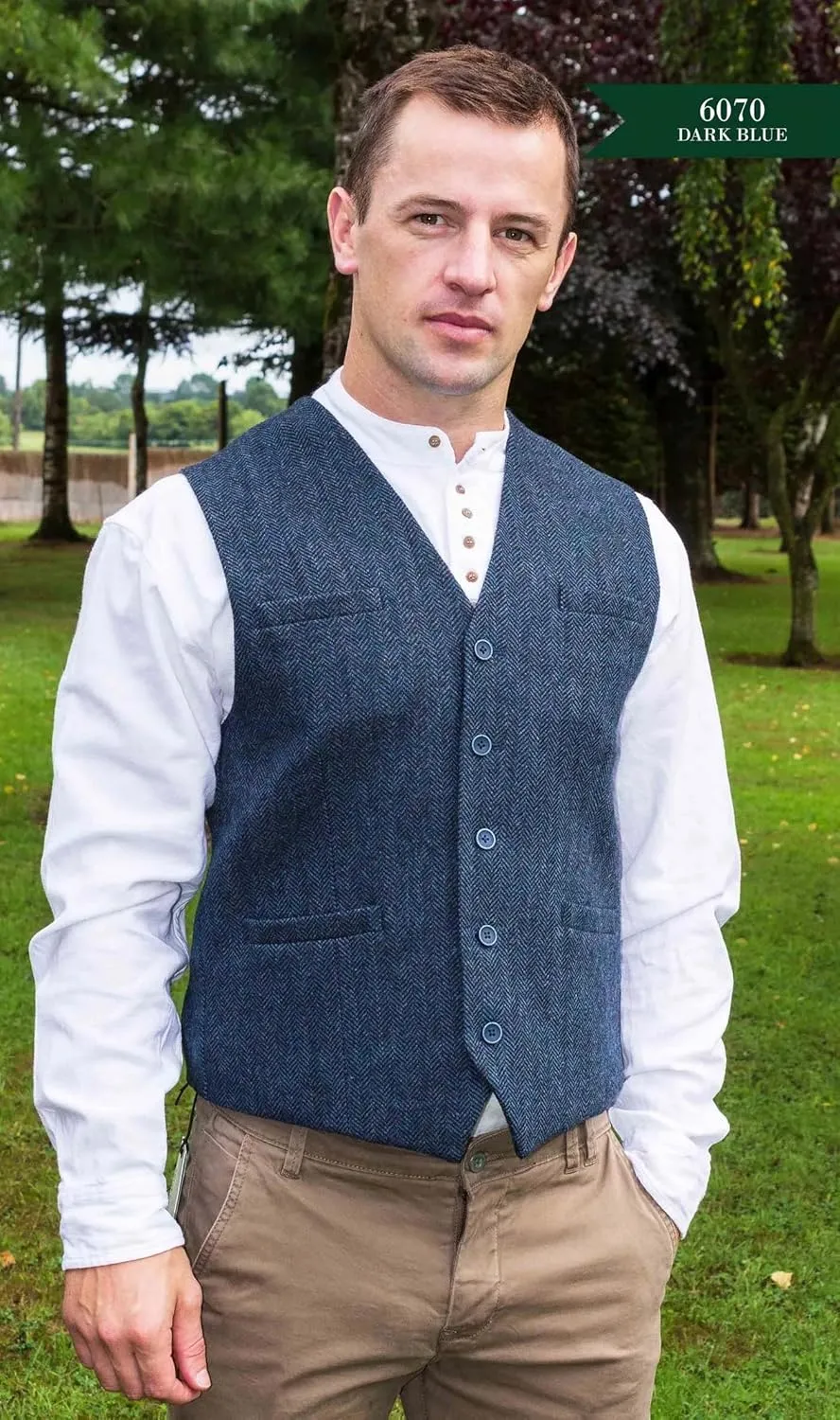 Emerald Isle Men's Herringbone Tweed Vest, 5-Button Closure, Wool Blend, Adjustable Back Strap