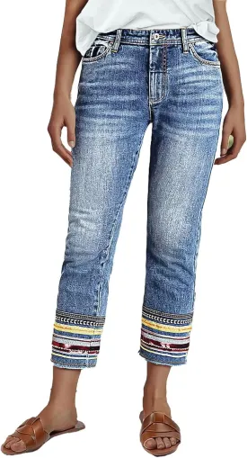 Flamingals Straight Leg Cropped Jeans for Women Trendy Mid Rise Stretchy Tribal Embroidery Raw Hem Ankle Jeans