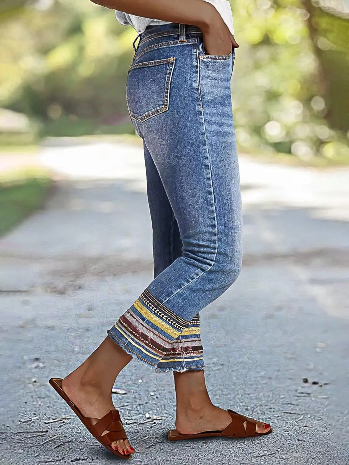 Flamingals Straight Leg Cropped Jeans for Women Trendy Mid Rise Stretchy Tribal Embroidery Raw Hem Ankle Jeans
