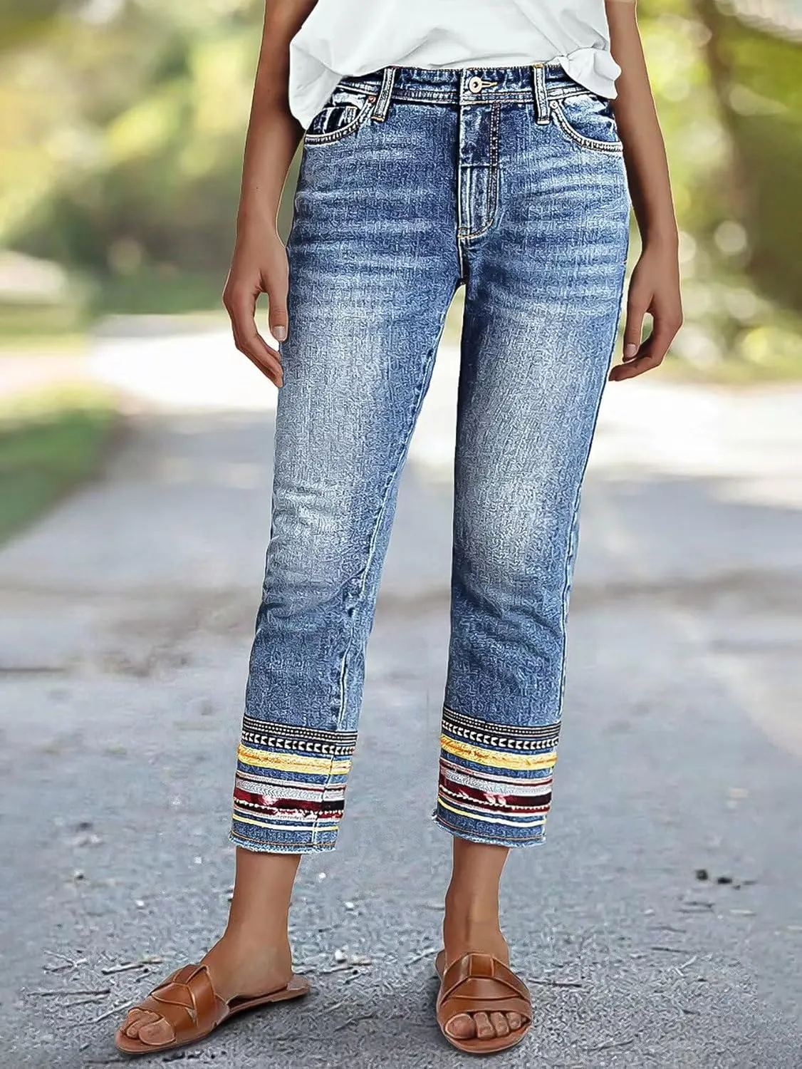 Flamingals Straight Leg Cropped Jeans for Women Trendy Mid Rise Stretchy Tribal Embroidery Raw Hem Ankle Jeans