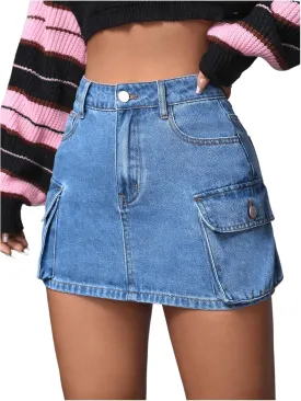 Floerns Women's High Waisted Denim Mini Skirt Flap Pocket Bodycon Jean Cargo Skirts