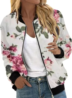 Floral Jackets for Women 2024 Long Sleeve Classic Gradient Print Jacket Casual Daily Baseball Bomber Jacket Coat Fall