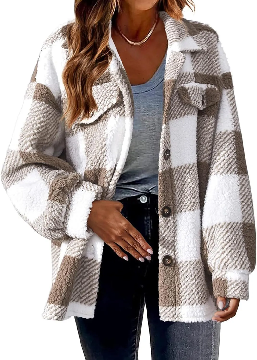 GOFULY Womens Winter Coats Casual Fuzzy Fleece Hoodies Button up Fall Sherpa Jackets Warm Plaid Cardigans Trendy Outerwear