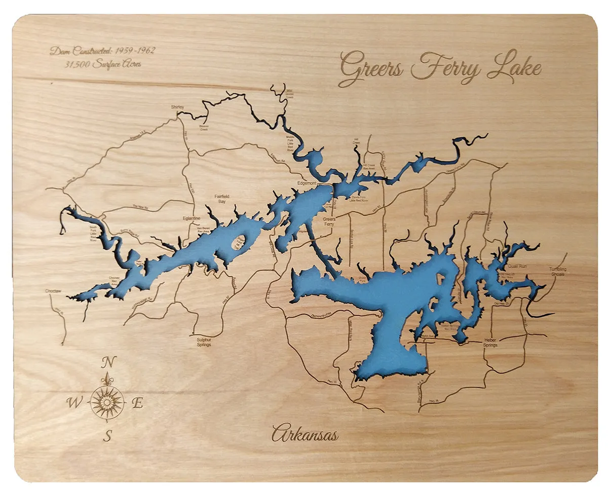 Greers Ferry Lake, Arkansas - Laser Cut Wood Map