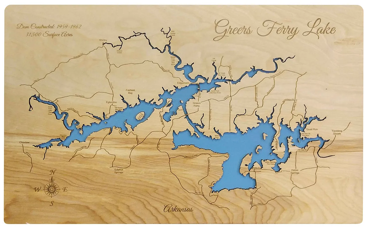 Greers Ferry Lake, Arkansas - Laser Cut Wood Map