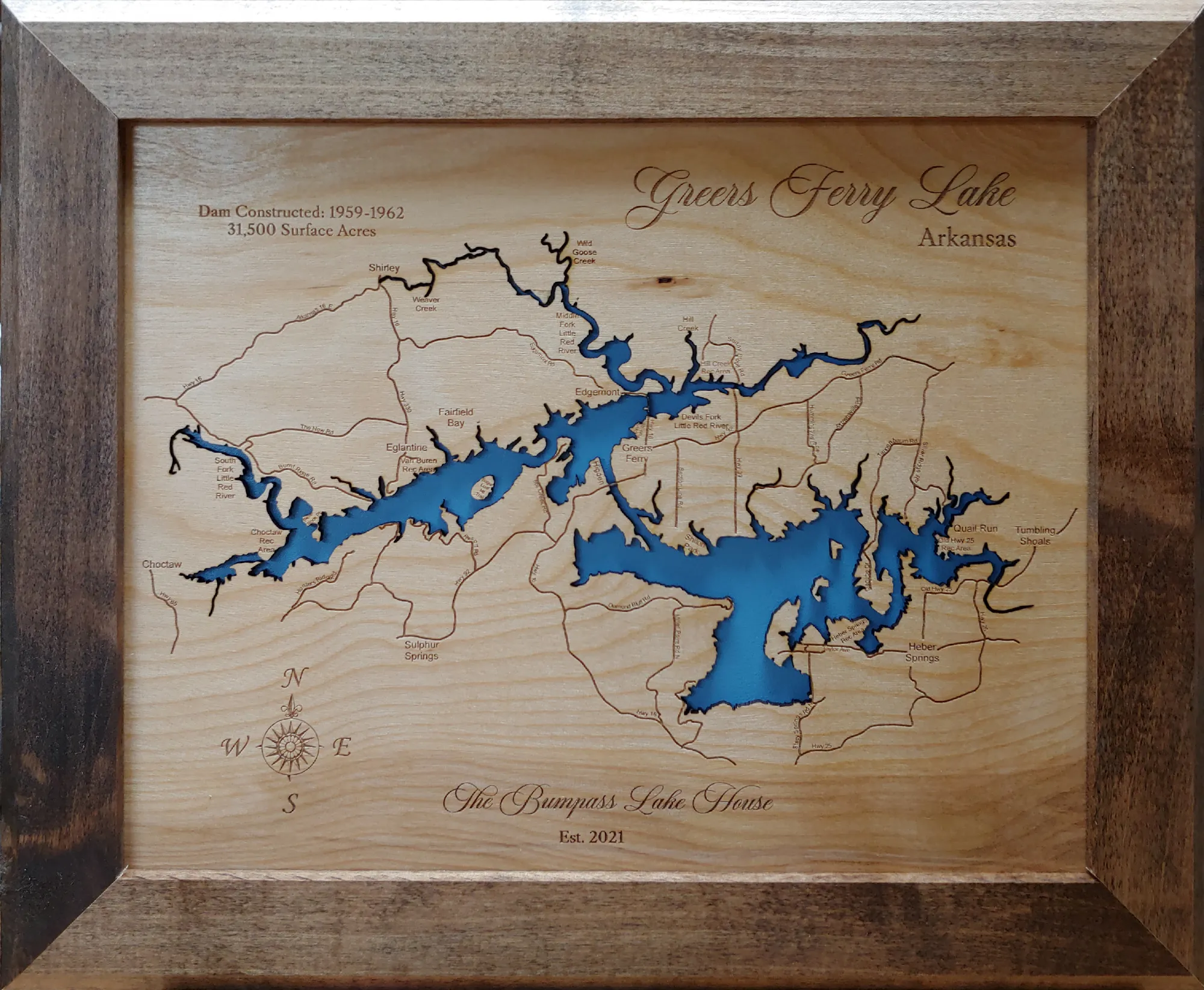 Greers Ferry Lake, Arkansas - Laser Cut Wood Map