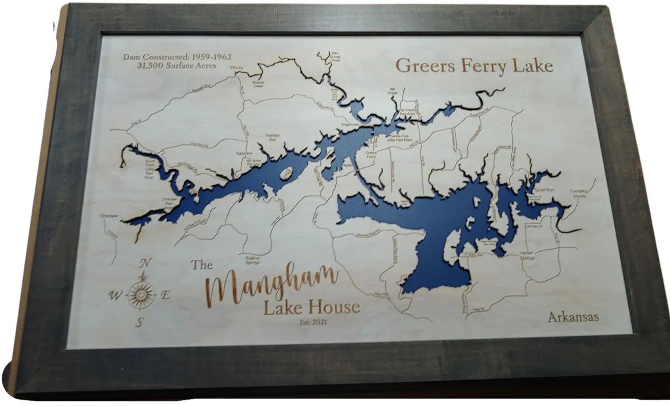 Greers Ferry Lake, Arkansas - Laser Cut Wood Map