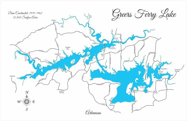 Greers Ferry Lake, Arkansas - Laser Cut Wood Map