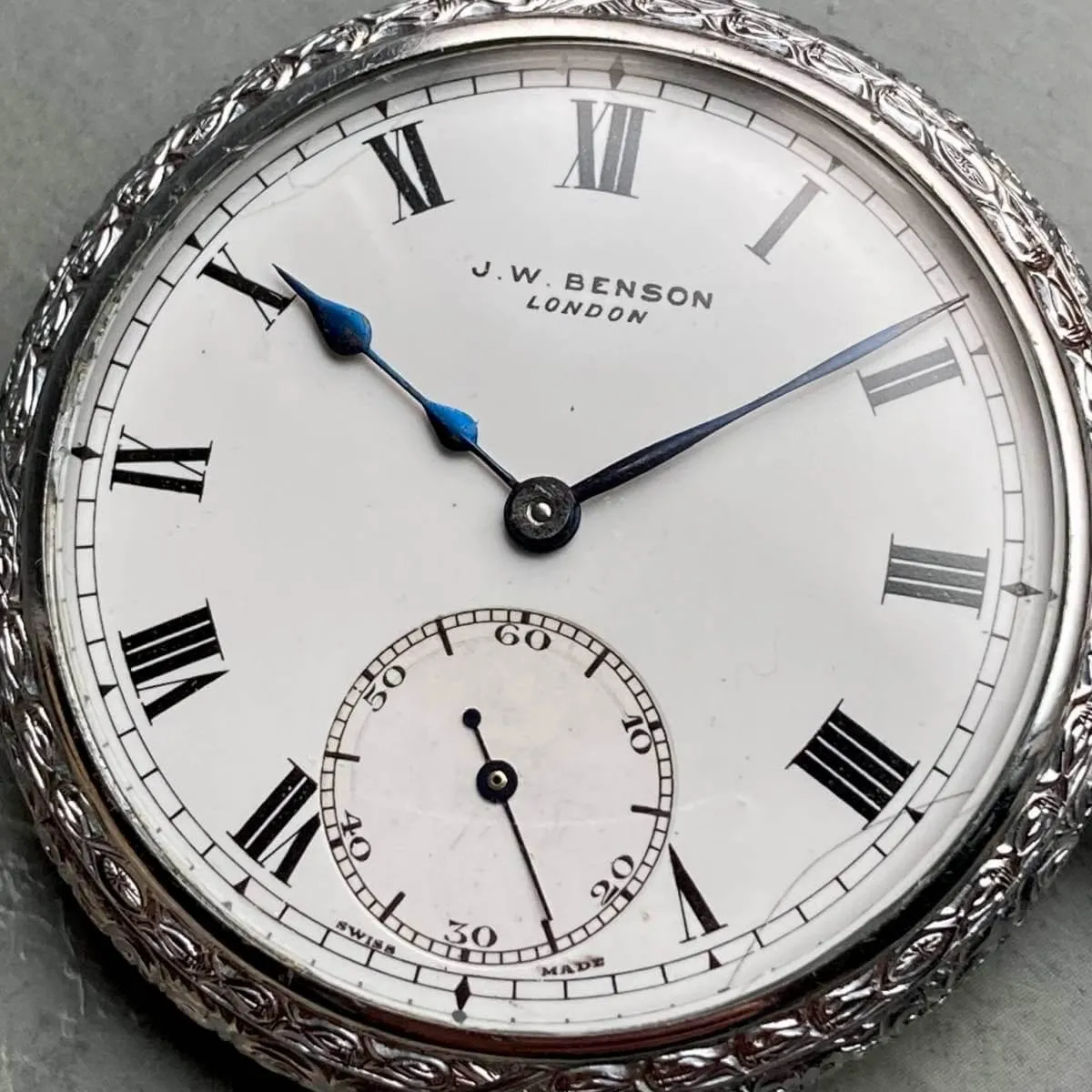J.W. Benson Pocket Watch Manual Antique Open Face 44mm Vintage Silver