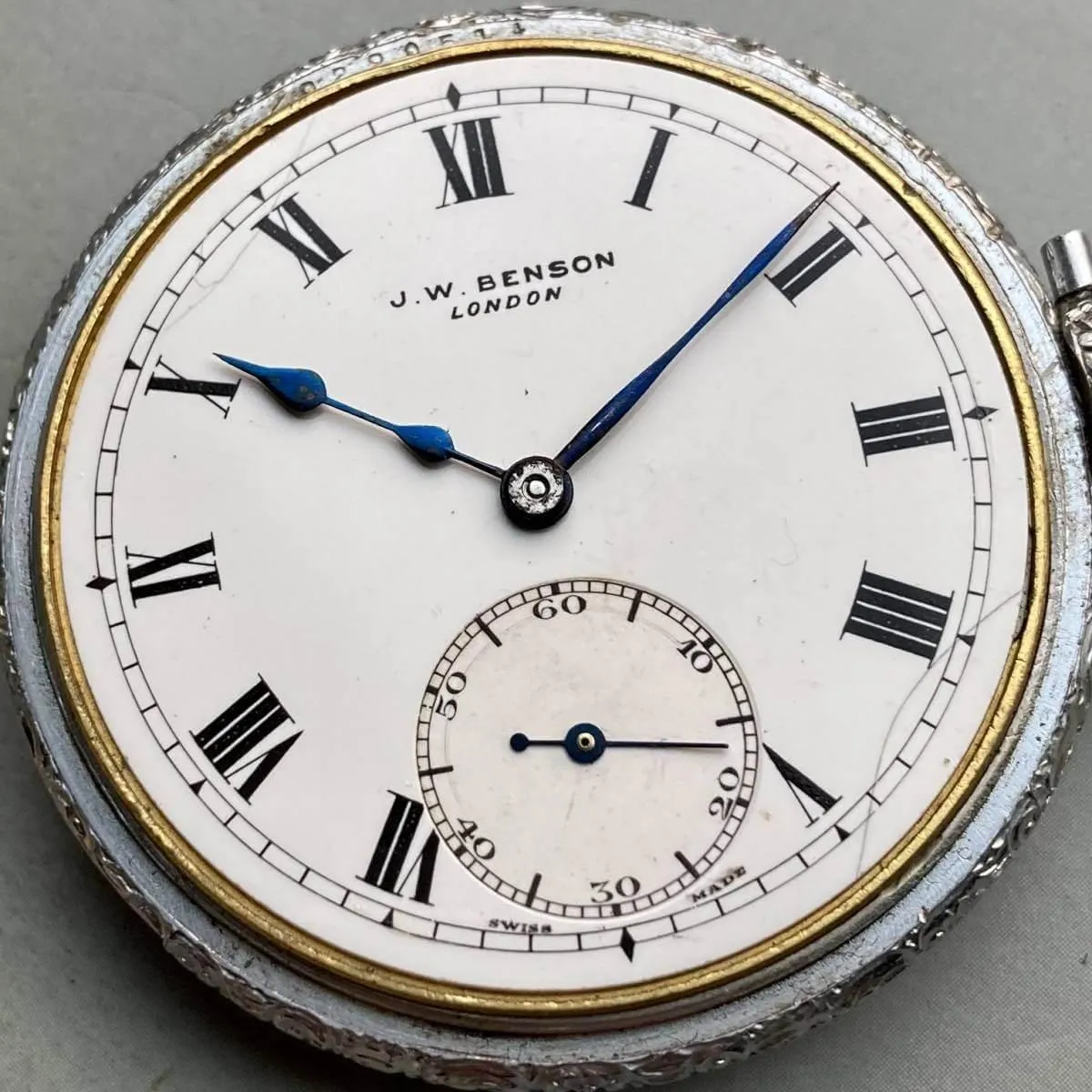J.W. Benson Pocket Watch Manual Antique Open Face 44mm Vintage Silver