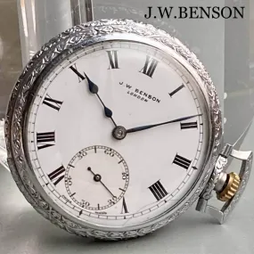 J.W. Benson Pocket Watch Manual Antique Open Face 44mm Vintage Silver