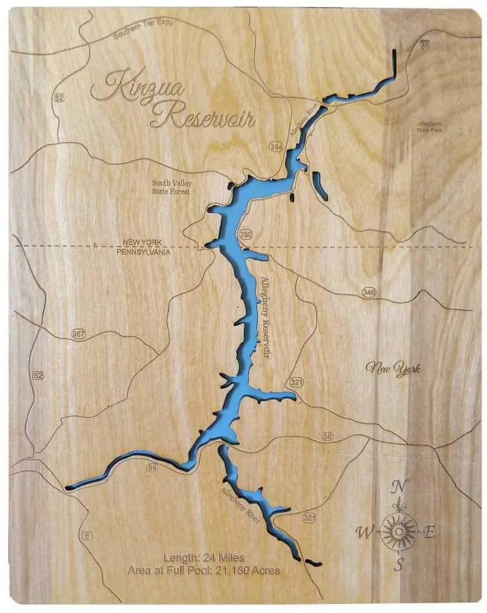 Kinzua Lake in New York and Pennsylvania - Laser Cut Wood Map
